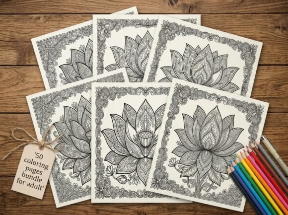 Download 50 Lotus Flower Coloring Pages Bundle - Coloring page Collection